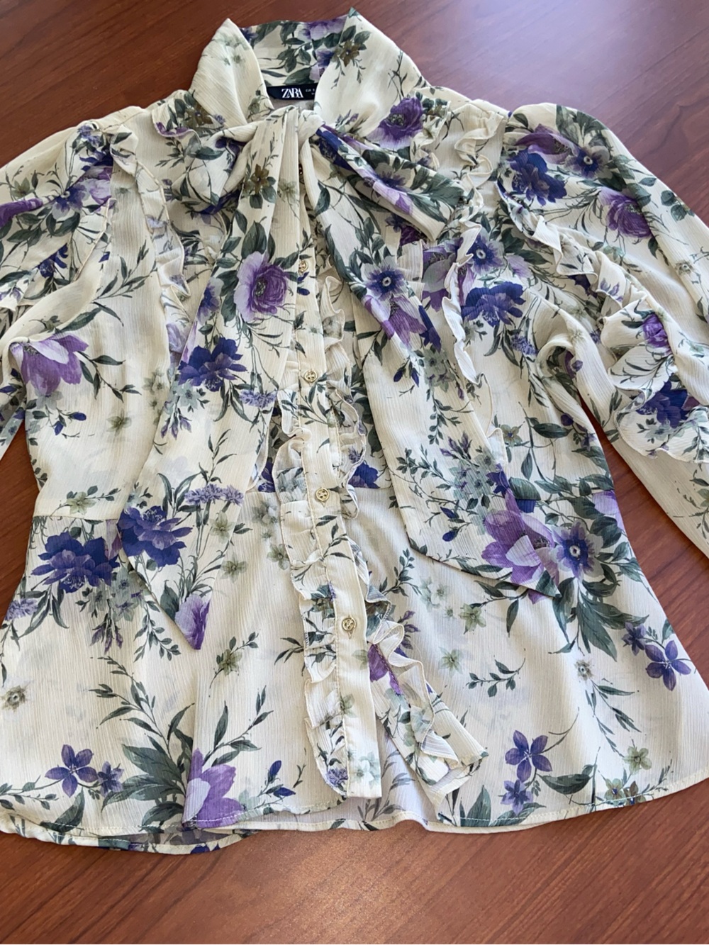 Zara Cream Floral Bow-Neck Blouse with Purple Flowers